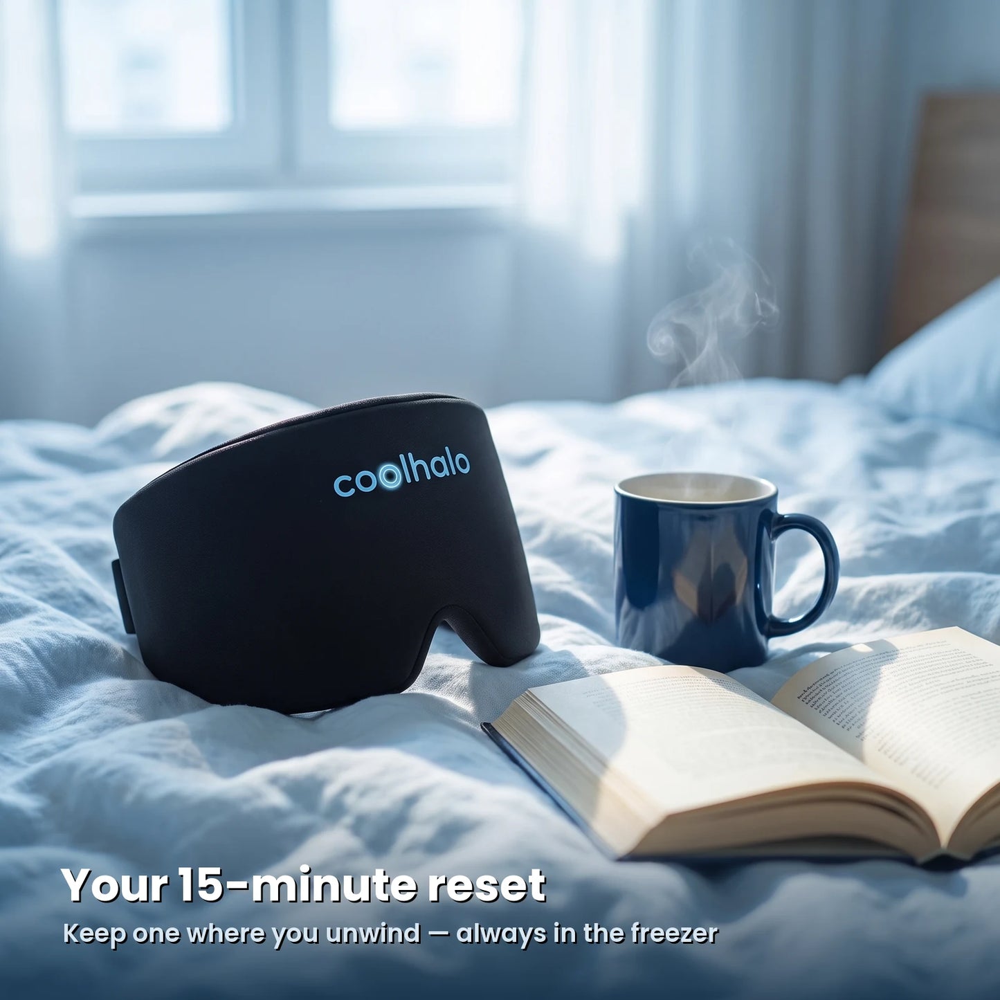 The CoolHalo cooling wrap resting on a bed with a mug and a book
