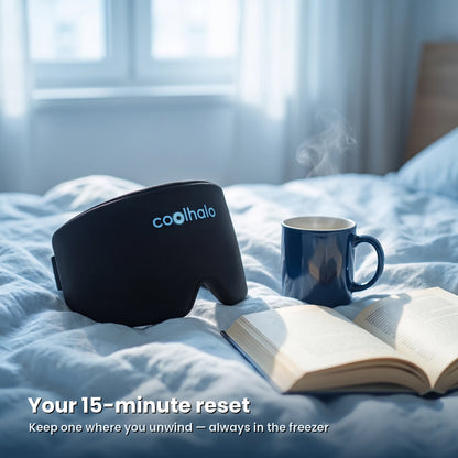 The CoolHalo cooling wrap resting on a bed with a mug and a book