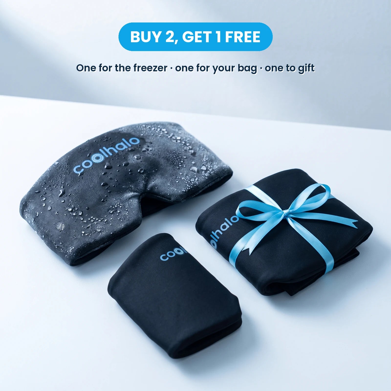 Three CoolHalo cooling wraps including one gift-wrapped