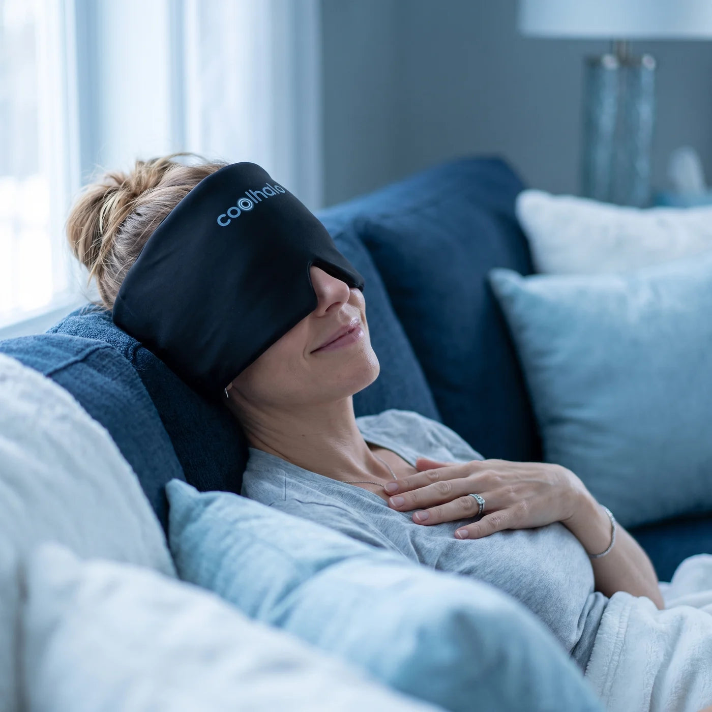 Woman relaxed after using the CoolHalo cooling wrap