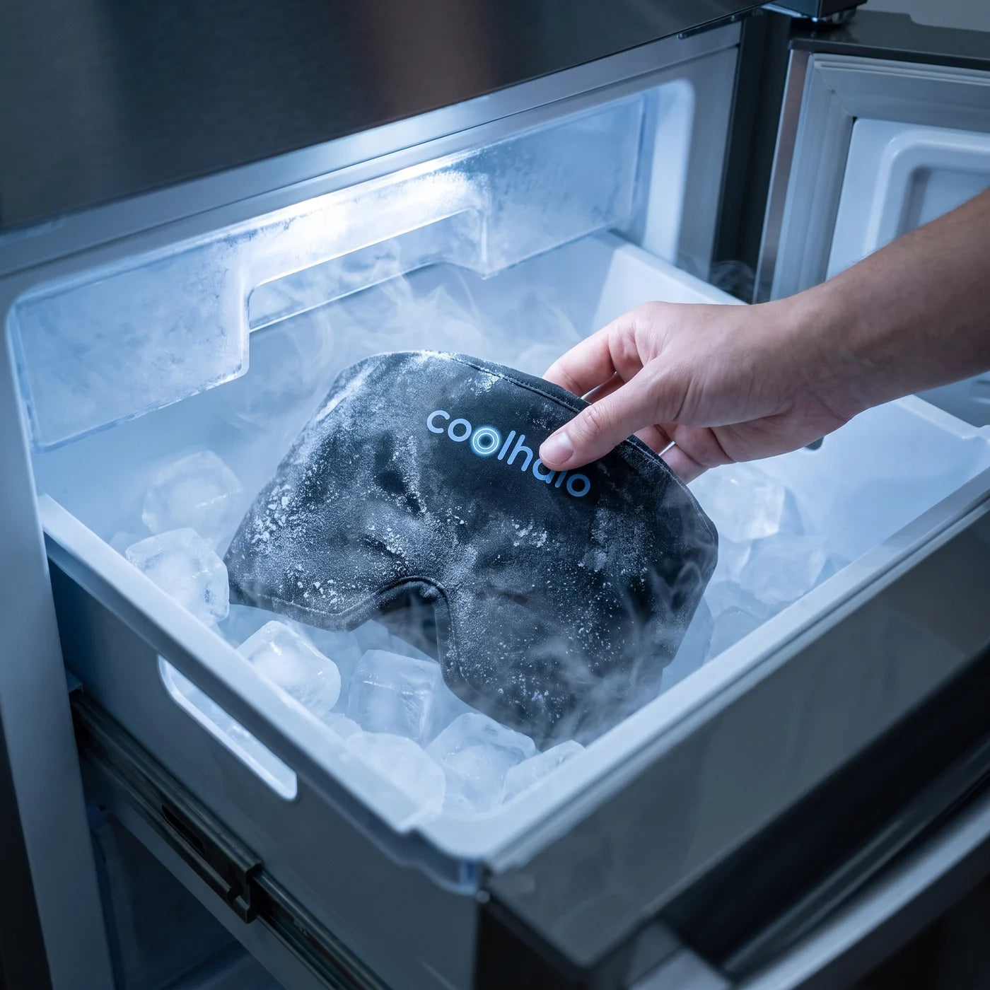 Placing the CoolHalo cooling wrap into the freezer