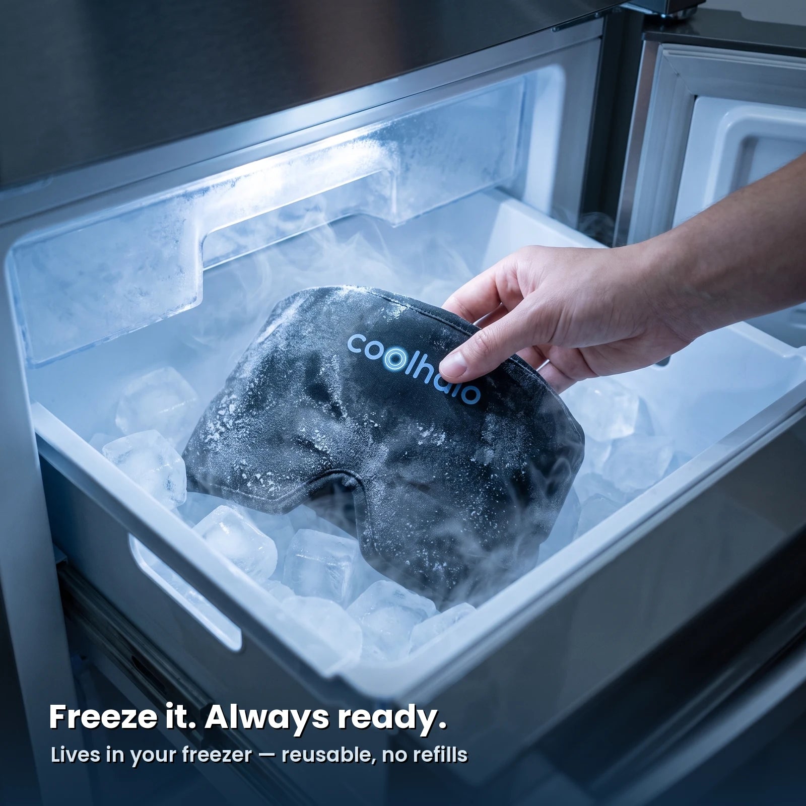 Placing the frosted CoolHalo cooling wrap into the freezer