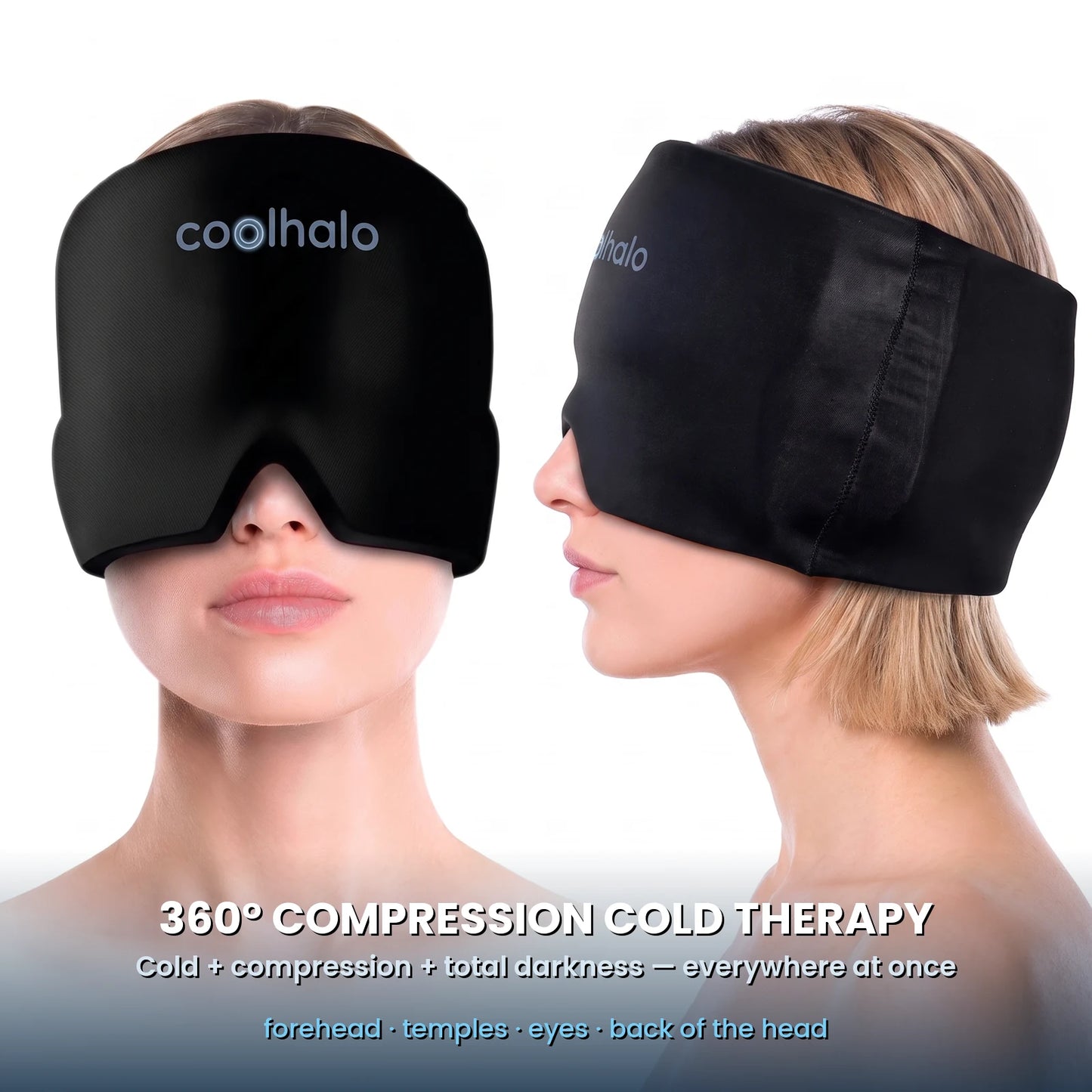 The CoolHalo 360 degree cooling wrap worn, front and side view