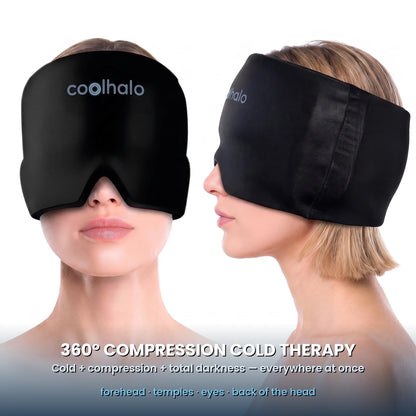 The CoolHalo 360 degree cooling wrap worn, front and side view