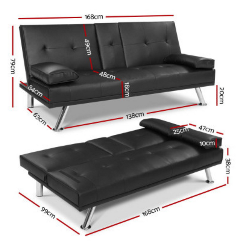 Futon Couch 3 Seater Leather Sofa